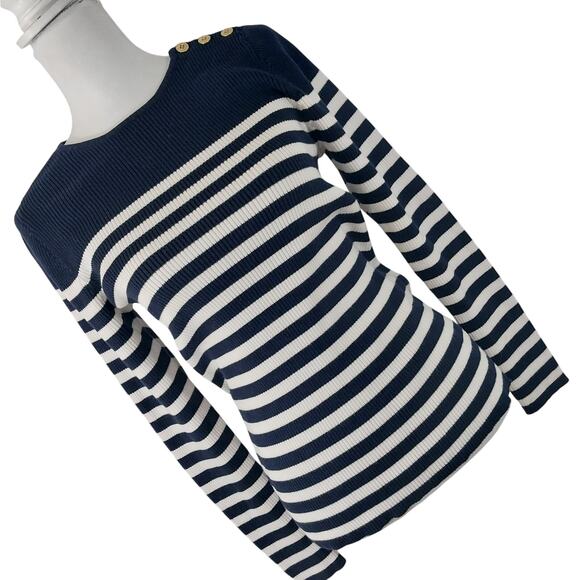 LAUREN, RALPH LAUREN! BLACK/WHITE STRIPE BUTTON SHOULDER PULLOVER SWEATER! SZ L - Picture 1 of 8